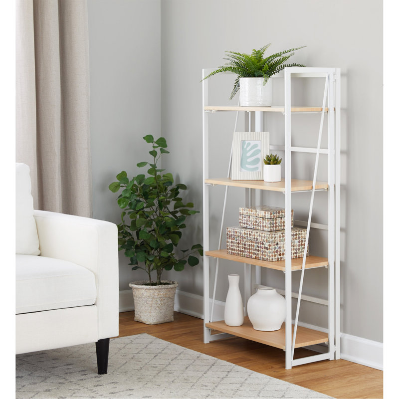 Bibliothèque contemporaine en métal peint et bois naturel, Naturel / Blanc