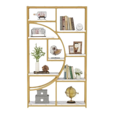 9-Tier Open Plant Stand, Suitable For Placement In Living Rooms, Dining Areas, Patios, Balconies, And Gardens. White -Patterned Finish With Gold Accen
