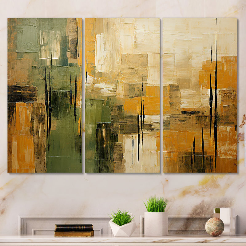 «Green Beige Wild Essence Collage I», art mural tachisme, Toile tendue, H 32 po x l 48 po x P 1 po