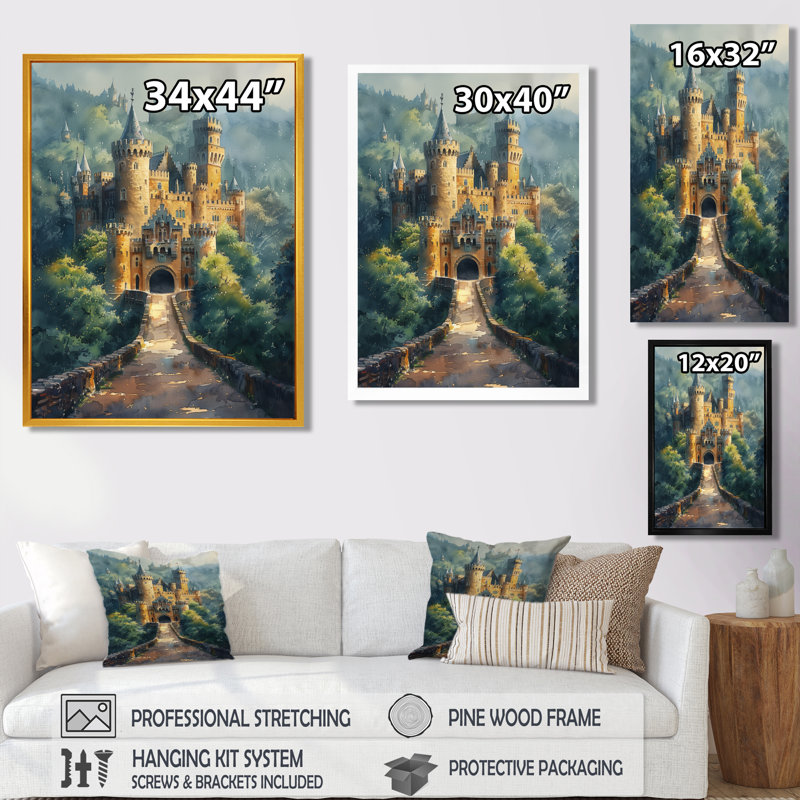 Beige vert, château de conte de fées, salon d'art mural châteaux, Toile avec cadre flottant brun, H 32 po x l 24 po x P 1 po