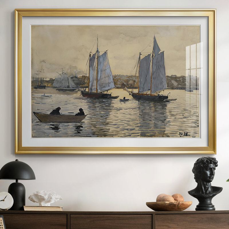 Schooners in Gloucester Harbor-Winslow Homer, reproduction encadrée avec passe-partout et verre 1873, 30 x 5 x 42,5, Doré