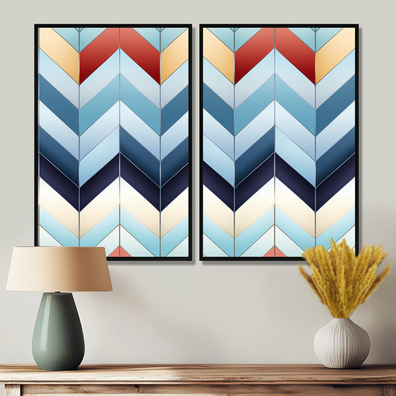 Motif de chevron géométrique harmonie - art mural bleu 2 pièces, Noir, H 36 po x l 48 po