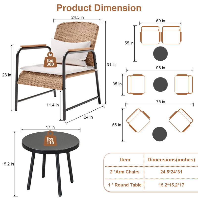 3-Piece Patio Bistro Set, Beige PE Rattan Outdoor Chairs with Metal Round Side Table, Slim Breathable Cushions, for Balcony, Patio & Garden