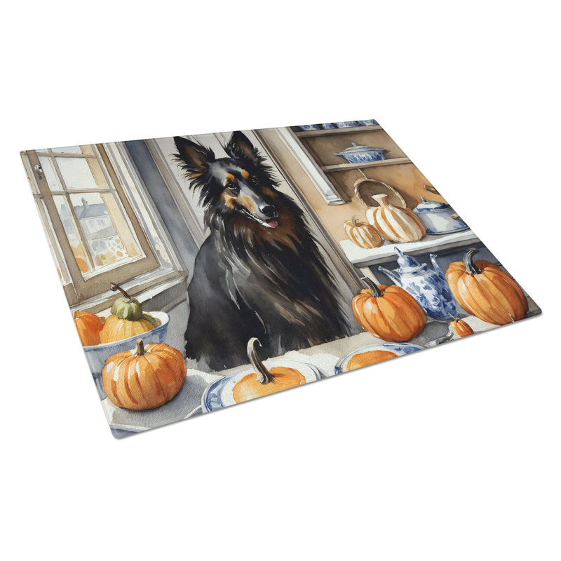 Belgian Sheepdog Fall Kitchen Pumpkins Glass Cutting Board Large