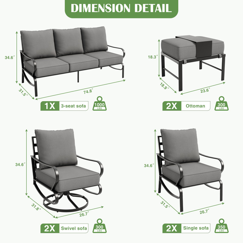 Ensemble de conversation de patio pour 7 personnes avec coussin Vanourgen, Gris