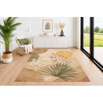 Tapis moderne de 5 pi x 7 pi «Ultra Léger», formes organiques douces avec motif de branches de feuilles en vert sauge moutarde, terre cuite, beige, tapis de sol neutre pour le salon, la chambre et le bureau