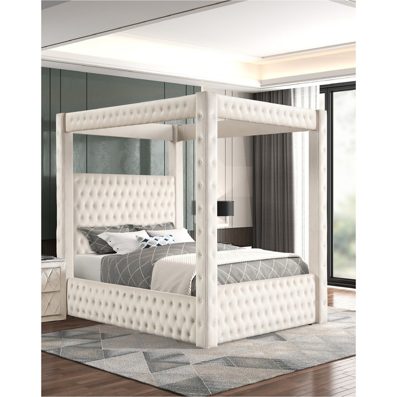 Valesia Upholstered Canopy Bed, Ivory, Queen
