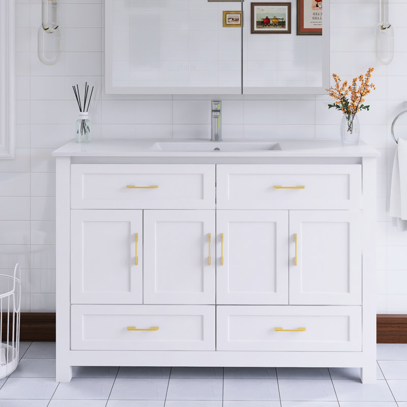 48" Freestanding Single Bathroom Vanity With White Ceramic Integrated Top, White