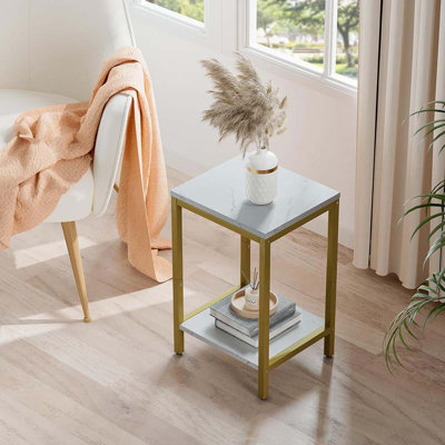 Faux Marble End Tables Small Side Table With Storage Wood Night Stand Metal Frames 2 Tier Bedside Table With Adjustable Feet, 1PCS
