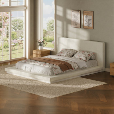 Cadre de lit flottant pour grand lit moderne avec tête de lit rembourrée, base de lattes en métal à profil bas, cadre rembourré anti-collision, aucun sommier requis pour la chambre à coucher