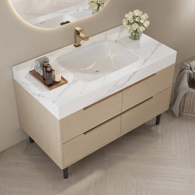 Meuble-lavabo moderne de 35,4 po avec lavabo sous comptoir, plateau en pierre frittée, bois massif multicouche imperméable, rangement à 4 tiroirs, autoportant / mural
