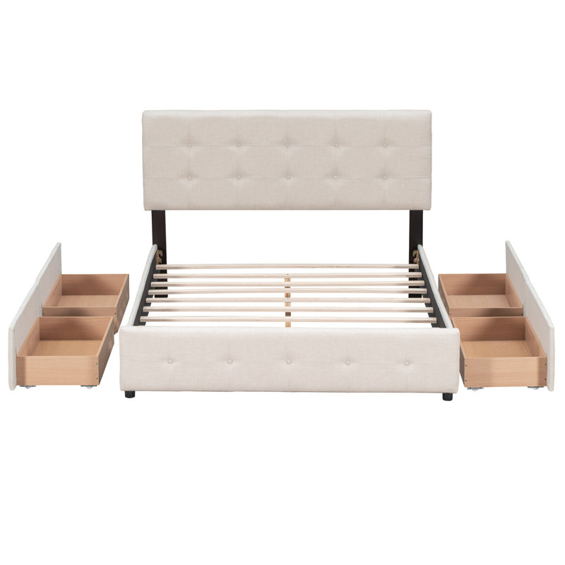 Lit plateforme tapissier avec tête de lit capitonnée classique et quatre tiroirs pratiques, sans sommier tapissier, idéal pour le confort et le rangement