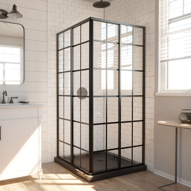 French Corner 42" Black Framed Sliding Shower Enclosure with Clear Glass