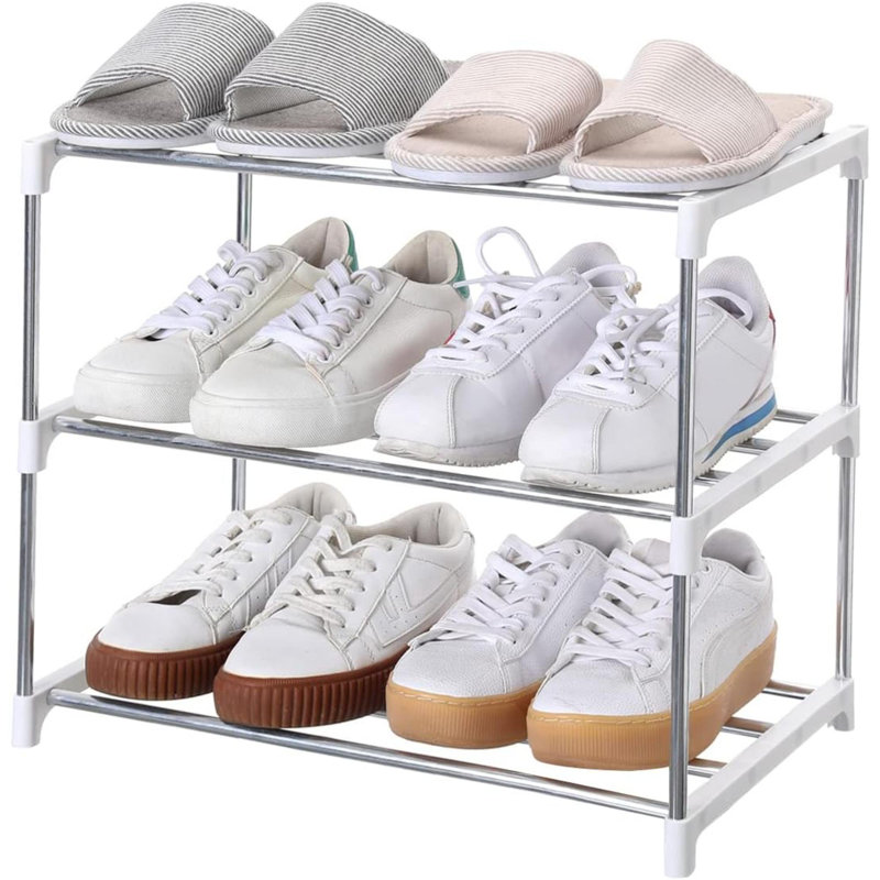 White and Silver Stackable 4-Tier Metal Shoe Rack