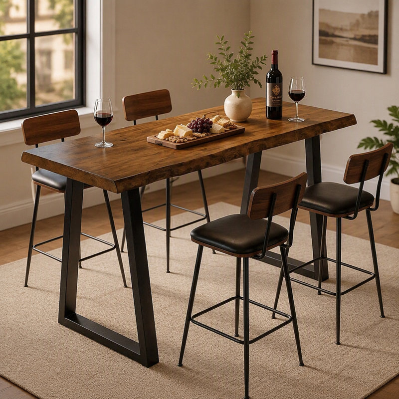 Table de bar en bois massif, table à hauteur de comptoir de 63 po avec pieds en métal pour la cuisine