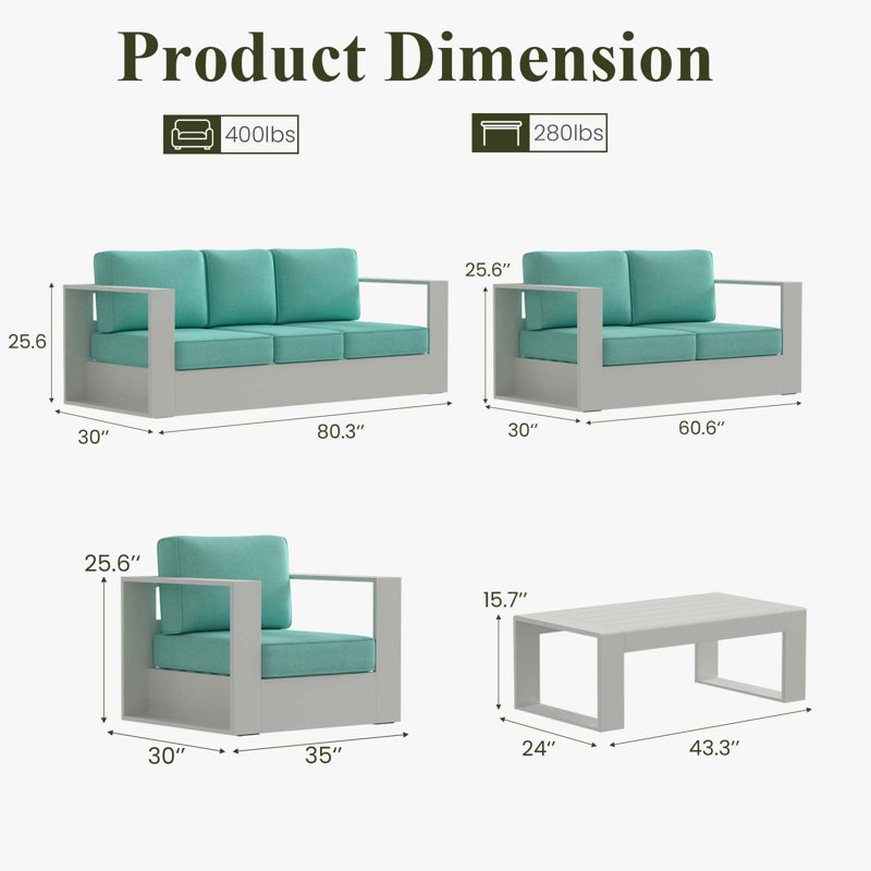 Modern Outdoor Aluminum 5-piece Conversation Set With Coffee Table, Teal, Light Grey