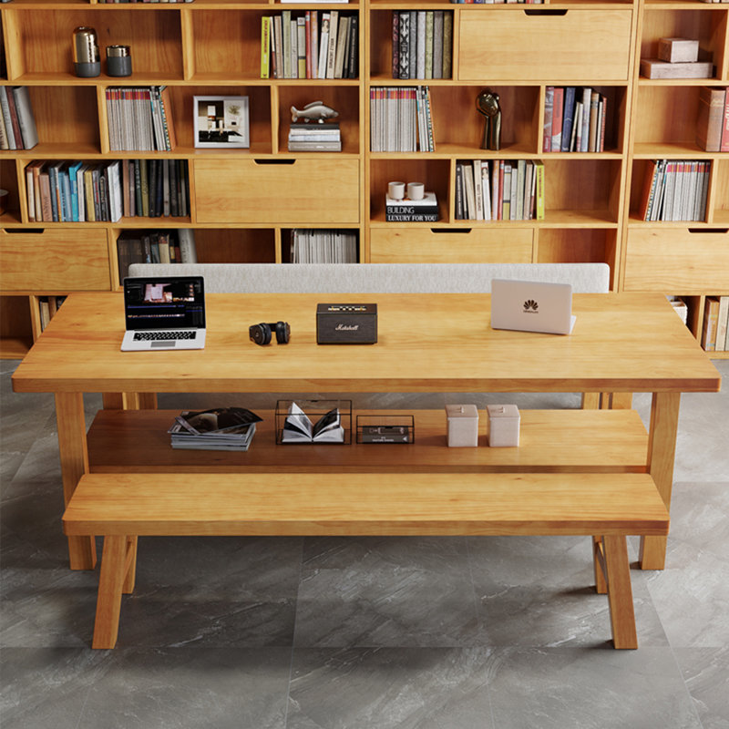 Bureau rectangulaire brun en bois massif, 29.53" H x 94.49" W x 39.37" D