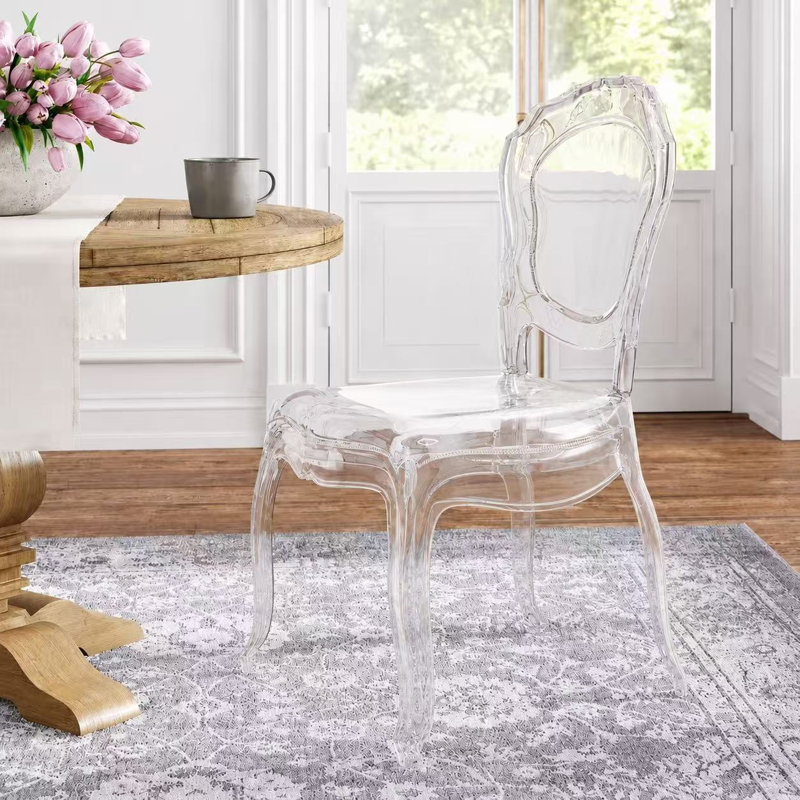 Luxury Modern Contemporary Glam Stackable Dining Chairs, Transparent Glossy Acrylic Side Chairs with Decorative Open Back Design for Dining Room, Vanity, Living Room, and Patio, Clear