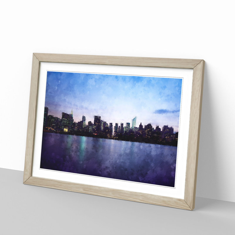 Night Skyline of New York - Picture Frame Graphic Art Print, 24cm H x 33cm W x 2cm D, Oak Framed