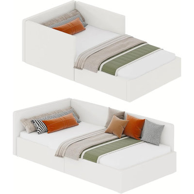 Lit de jour simple avec tête de lit, cadre de lit d'angle avec rails de lit, canapé-lit rembourré en velours avec garde-corps pour chambre à coucher, chambre d'amis, installation réglable, support de lattes en bois, beige
