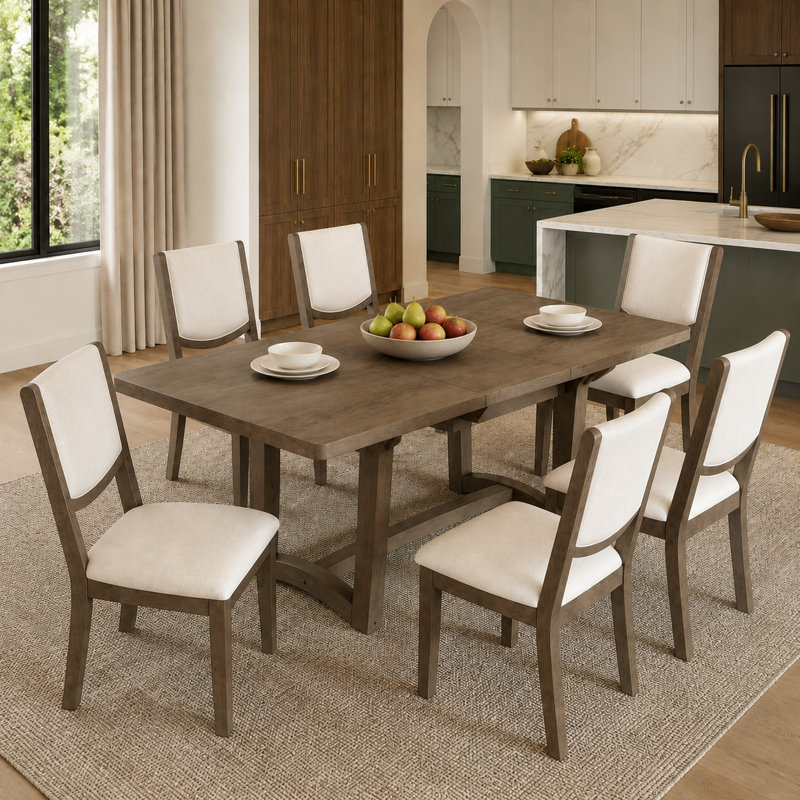 7-Piece Extendable Dining Table Set for 6, Rectangular Kitchen Table with 6 Upholstered Dining Chairs, Curved Back & Solid Wood Frame