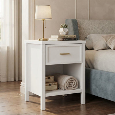 Romeo 1 Drawer Nightstand with Open Storage Shelf, Bedside Table with Storage Drawers and Open Storage Shelf, Nightstand for Bedroom, End Table or Side Table for Living Room, 15.6" D x 18.9" W x 24.8" H, White