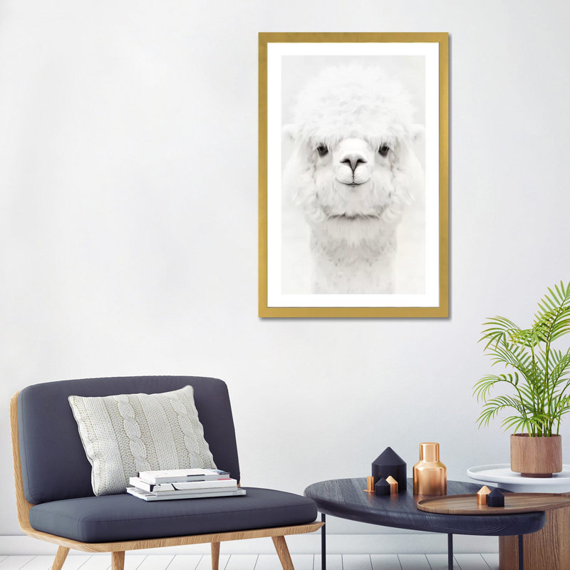«Sourire d'alpaga» par Monika Strigel - impression d'art graphique, Blanc, H 32 po x l 24 po x P 1 po, Papier encadré doré