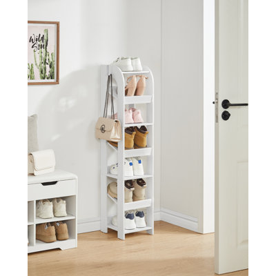 Vertical Shoe Rack, 7 Tier Narrow Shoe Rack for Small Space, Freestanding Closet Wooden Shoes Organizer with Hooks, Adjustable Shoes Tower for Entryway, Living Room, Bedroom, White 