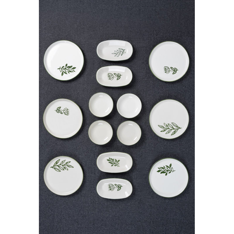 14-Piece Ceramic Breakfast Set, Green | Includes 6 Round Breakfast Plates (7.5 in), 2 Oval Presentation Platters (9.3 x 4 in), 2 Olive Ovals (9 x 2.4 in), 4 Sauce Holders (4.5 x 4.5 in) | Dishwasher Safe & Stackable, Perfect for Dining & Entertaining