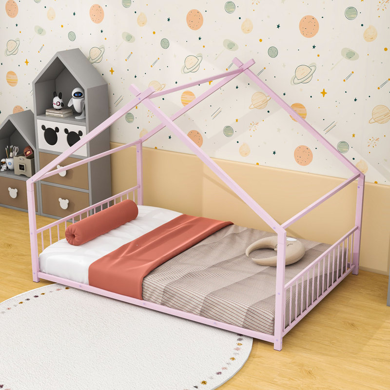 Charming House-Inspired Metal House Bed With Slats, Full, Pink