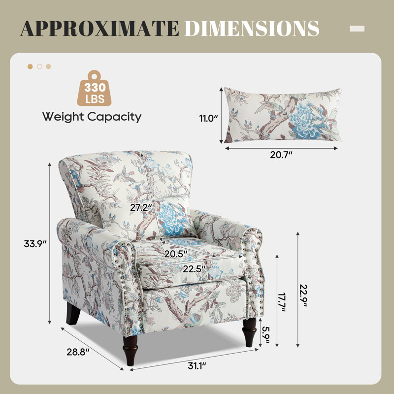 Modern Accent Chair With Wood Legs & Lumbar Pillows, Comfy Upholstered Armchair With Nailhead Trim, Floral Pattern Sofa Chair For Bedroom Living Room, Floral