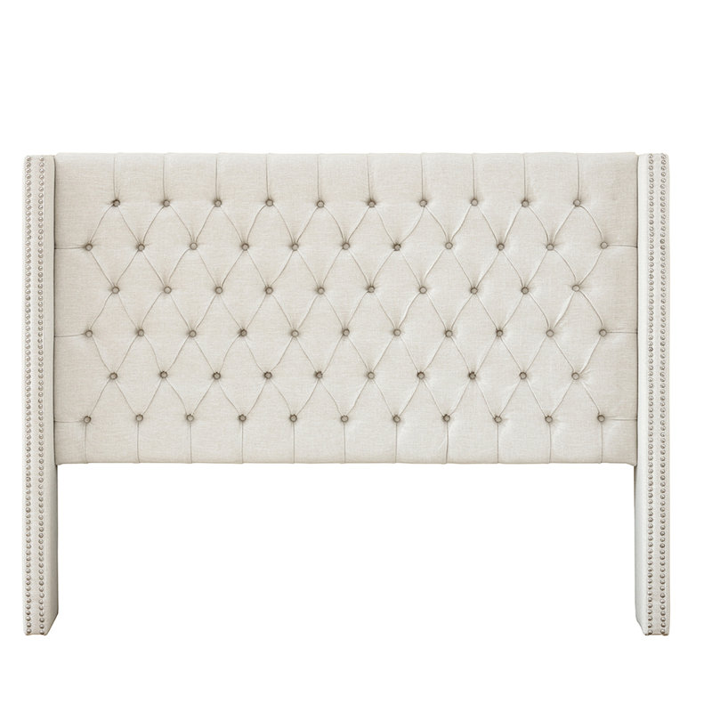 Cream Upholstered Headboard, Button Tufting And Double Nailhead Trim, Adjustable Metal Legs For Bedroom Decoration, Queen Sized Colored Upholstery With Legs,