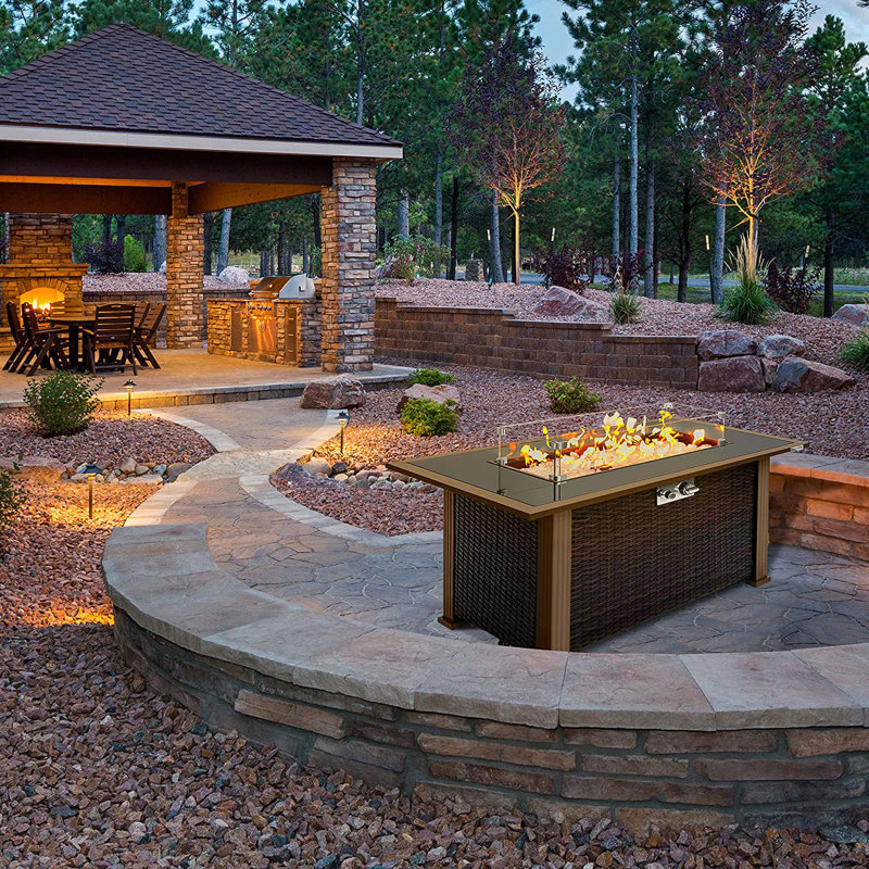 Outdoor Propane Fire Pit Table, Glass Wind Guard, 50,000 BTU, Tank Hideaway