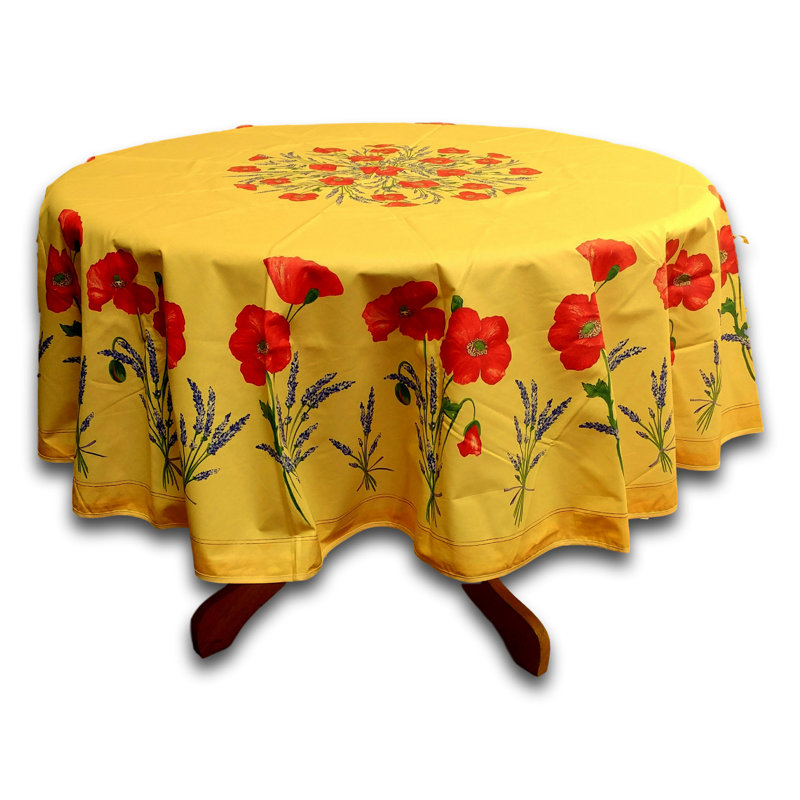 Wipeable Stain Resistant Acrylic Coated Cotton French Provencal Poppy Round Tablecloth, Yellow