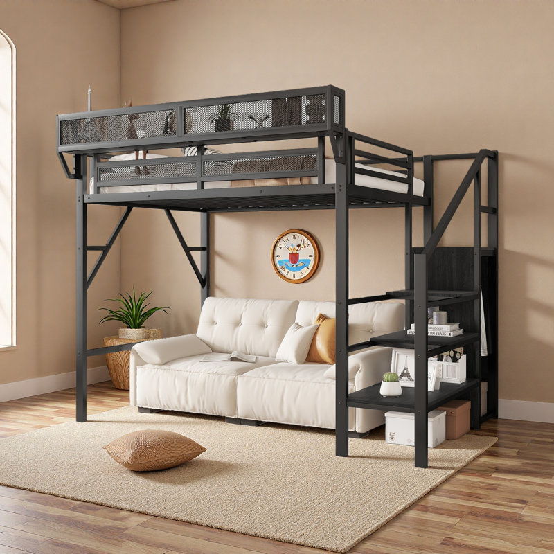 Twin Size Loft Bed With Stairs, Metal Full Loft Bed With Storage Shelves, High Loft Bed With Wardrobe For Kids Teens, Black