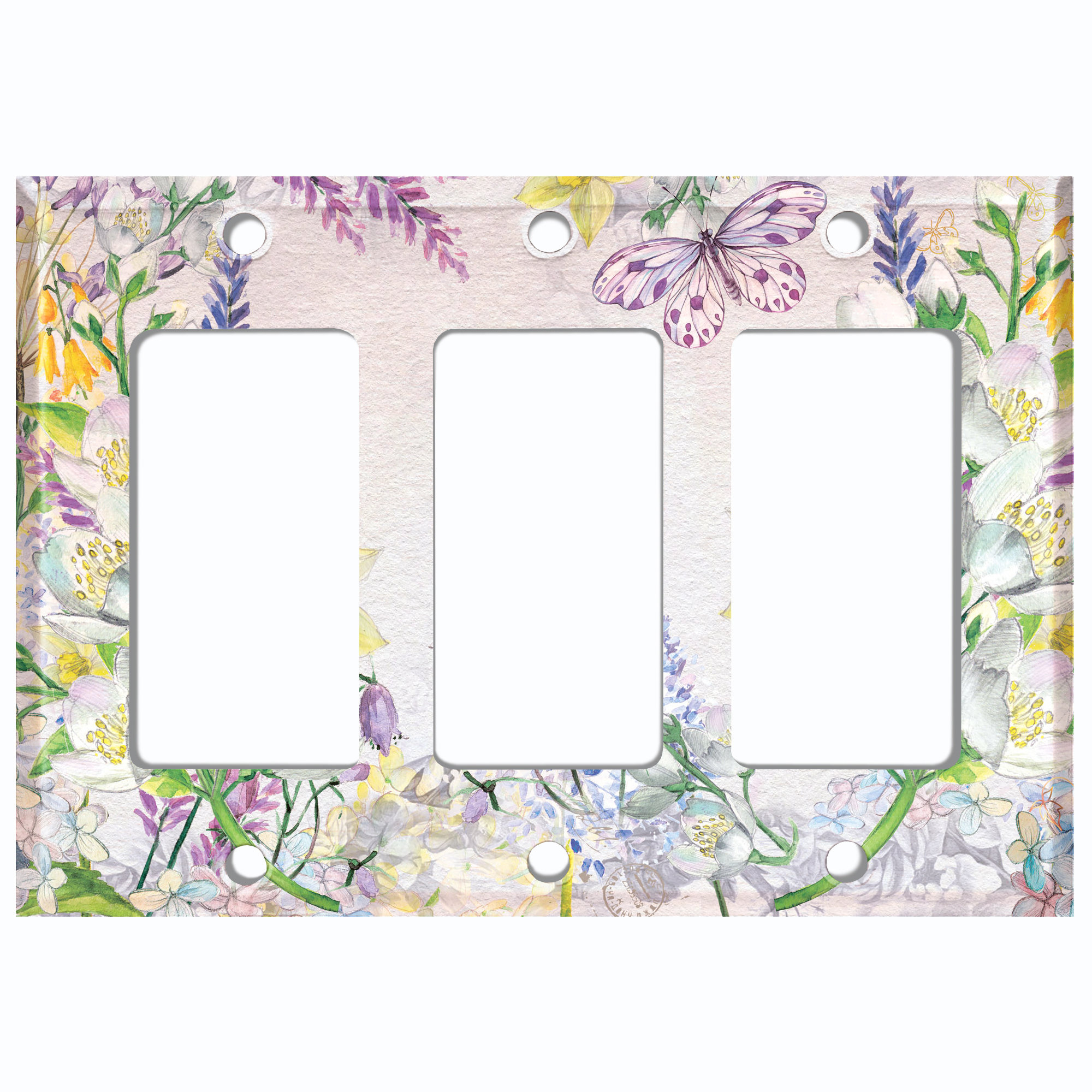 WorldAcc White Flowers Purple Lily Butterfly 3-Gang Rocker Wall Plate ...