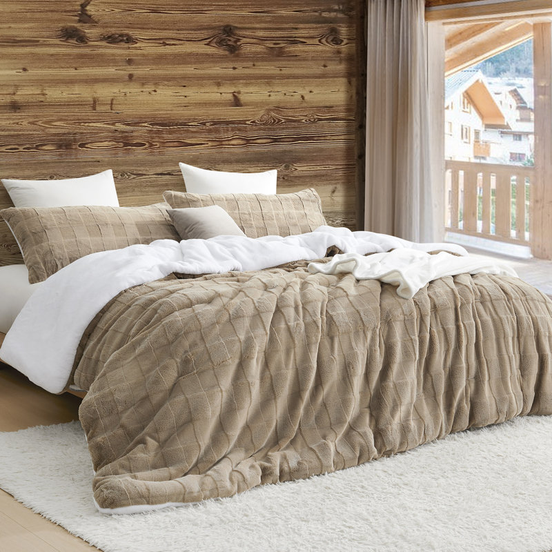 Coma Inducer Chunky Bunny Crossing Faux Fur Oversized Comforter Set, King Comforter + 2 King Shams, Brown