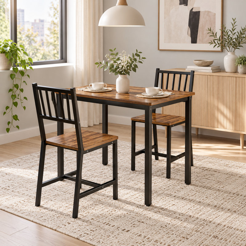 Ensemble de salle à manger 3 pièces pour petits espaces, table de cuisine industrielle et chaises avec pieds en métal, Brun