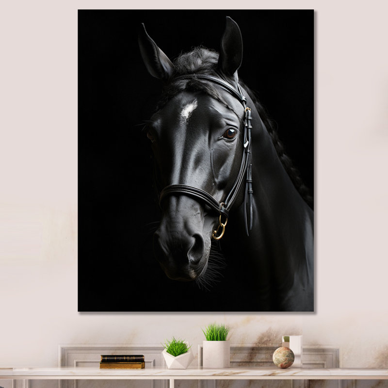Latifat noir et blanc, cheval, élégance - art sur toile, H 44 po x l 34 po x P 1,5 po, Toile tendue