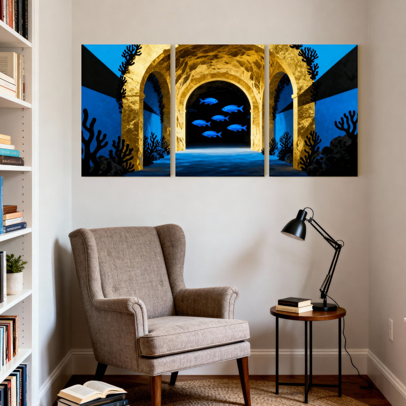 Ensemble d'arche sous-marine avec poisson et corail, ensemble de 3 impressions sur toile, H 18 po x l 36 po