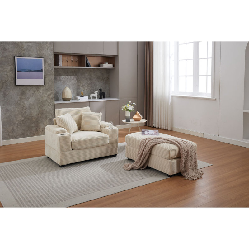 Canapé en méridienne rembourré avec repose-pieds et porte-gobelets Corduroy, Beige