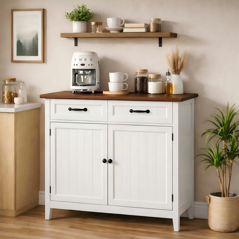 32" Modern Farmhouse Sideboard – Wood Buffet with 2 Drawers & Adjustable Shelves, Brown/White