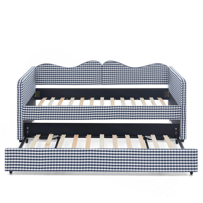Lit de jour simple, lit de jour rembourré en vichy équipé d'un cadre de lit gigogne escamotable et d'une poche de rangement latérale, canapé-lit multifonctionnel en bois massif pour chambre d'enfant et chambre d'amis - bleu