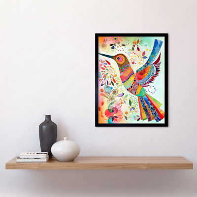 Hummingbird With Multicolour Pattern Feathers Folk Art Watercolour Painting Art Print Framed Poster Wall Decor 12x16 inch