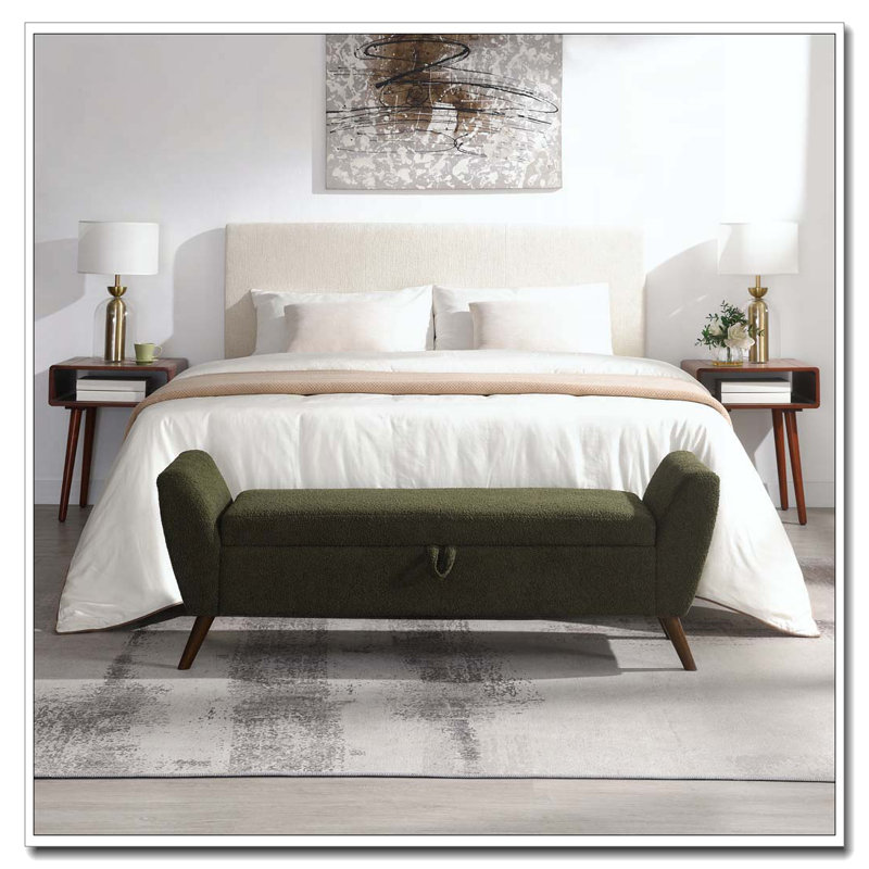 Banc de rangement moderne de 60 po avec pieds en bois Mid-Centruy, Vert olive