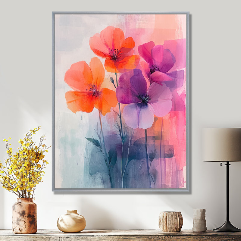 «Ryanne Abstract Geraniums In Summer Motion I - Geraniums», reproduction d'art sur toile encadrée, Argent argent