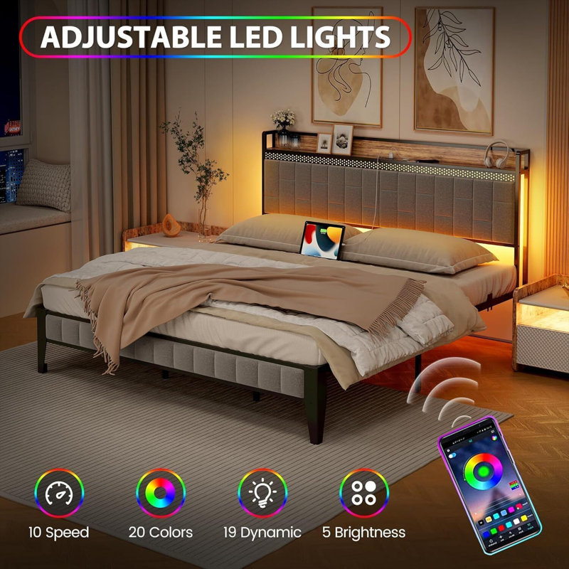 Bed Frame With LED Light And Charging Station, With Storage Headboard, Queen, Grey