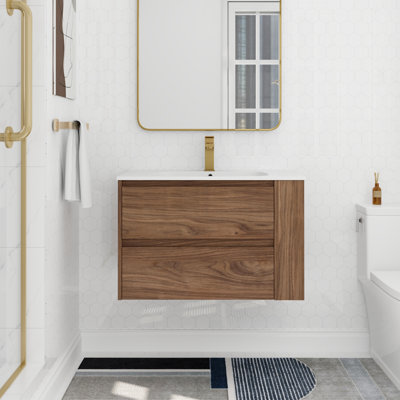 Ensemble de meuble-lavabo mural simple avec tablette et deux tiroirs 30 po Serenita, finition bois moderne