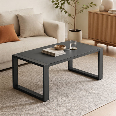 44" x 22" All-Weather Aluminum Outdoor Gray Coffee Table with Tempered Glass Top