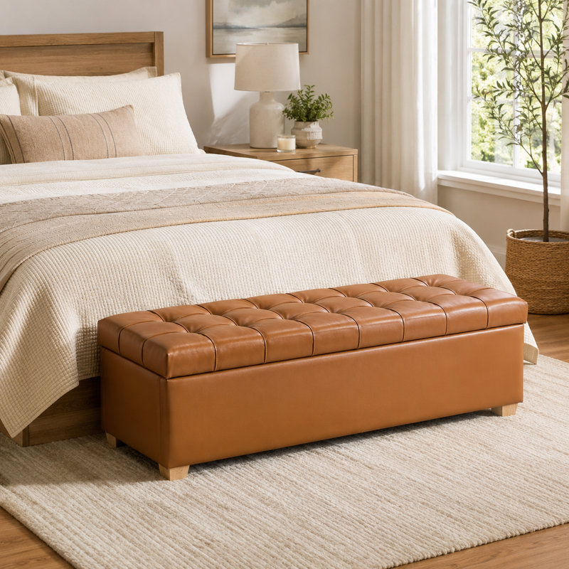 Banc de rangement en similicuir 60 po, Brun